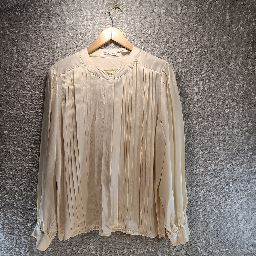Talbots Women Ivory Pleated Silk Blouse Sz 12 Long Sleeve Preppy Elegant Vintage
